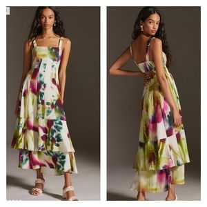 Anthropologie Tiered Watercolor Maxi Dress  Cottagecore Bohemian